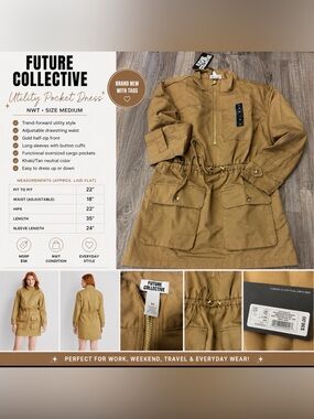 Future Collective Utility Pocket Dress NWT Size Med Khaki Drawstring Cargo Dress
